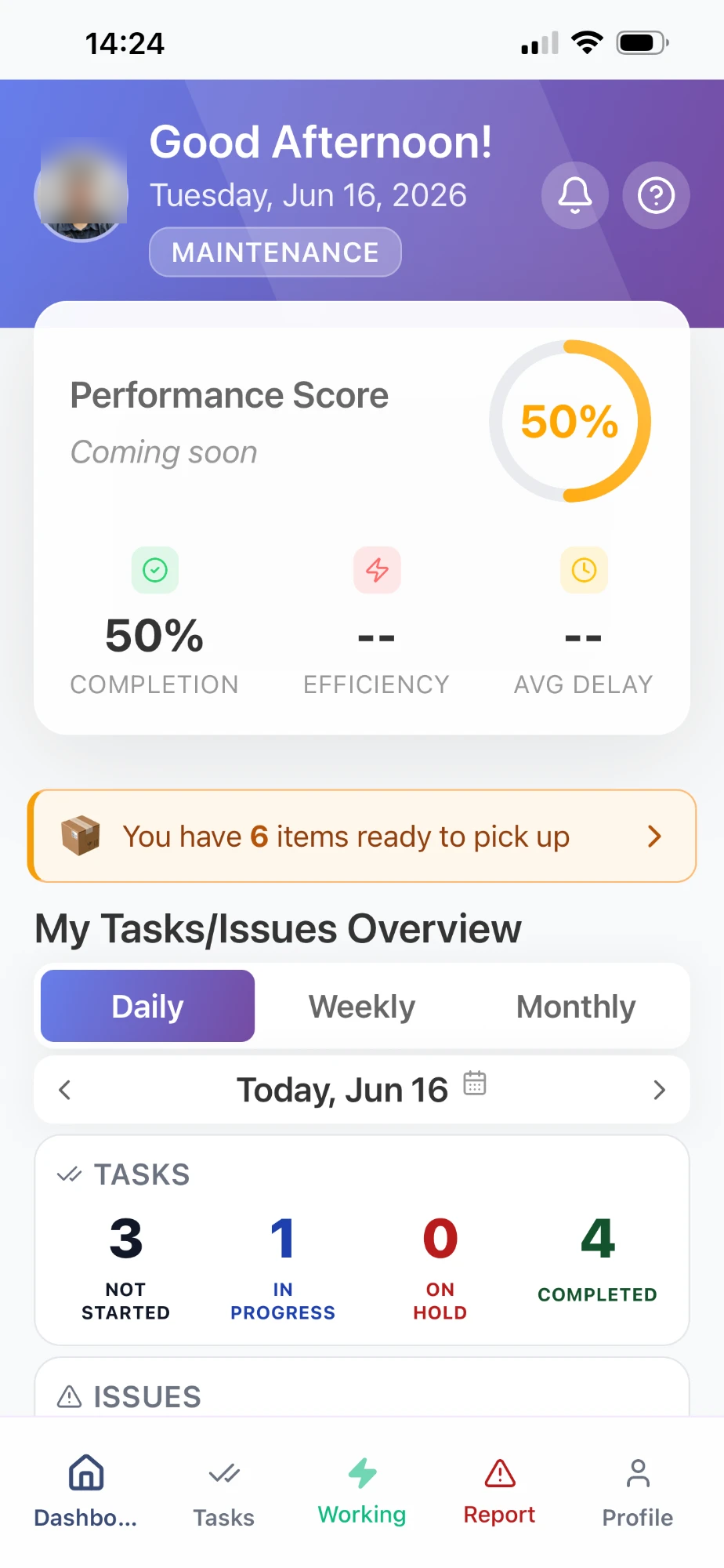 Tasks Field Mobile App - Daily dashboard