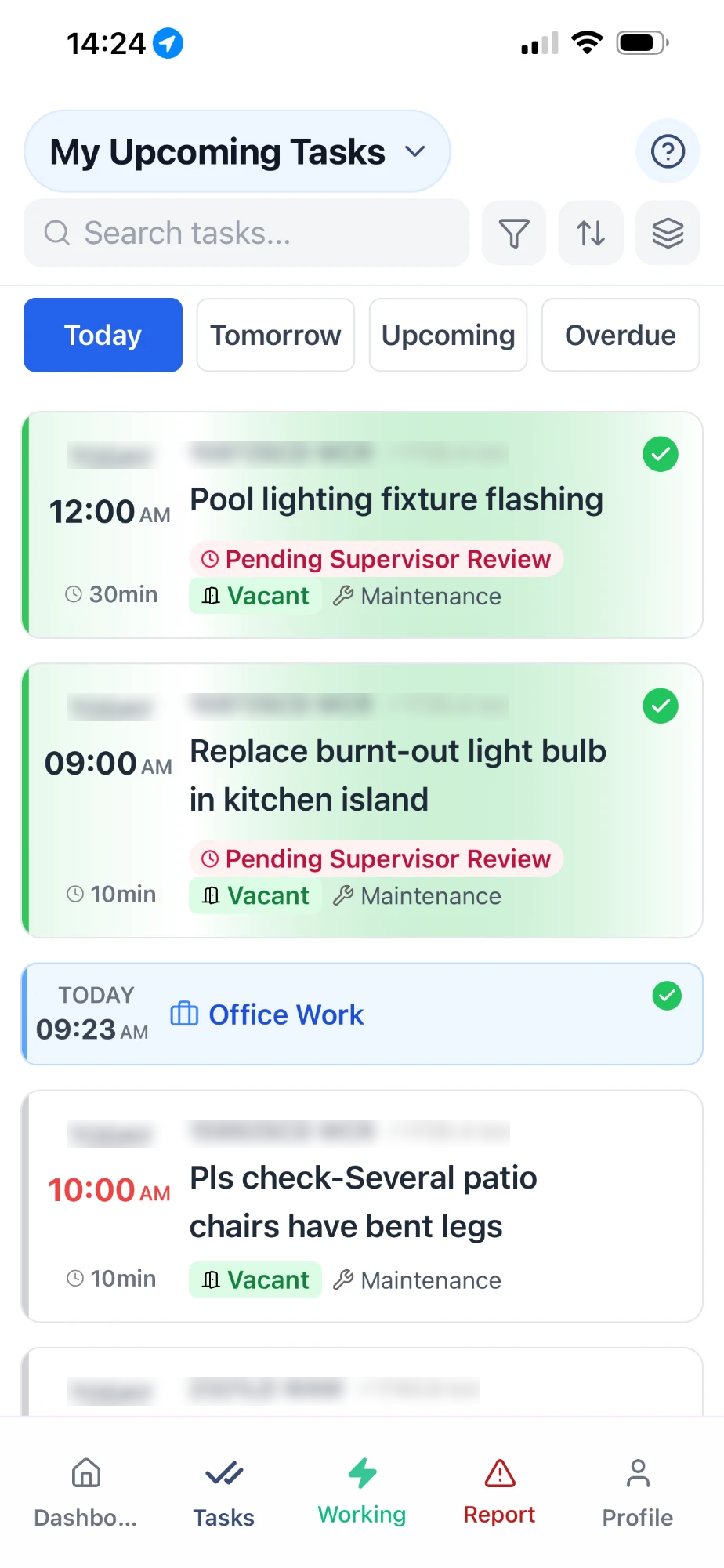 Tasks Field Mobile App - Upcoming list
