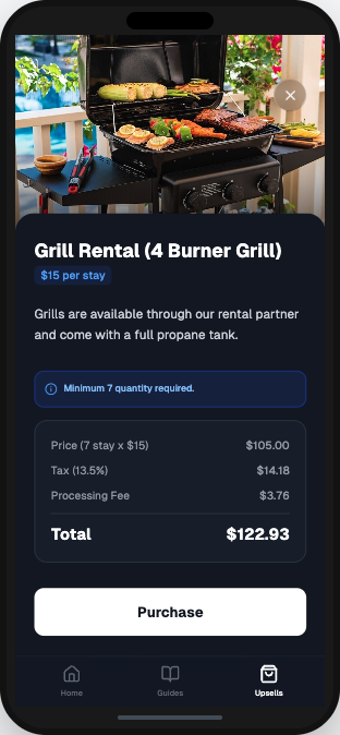 RentUP.ai Guest App - Upsell · Grill rental